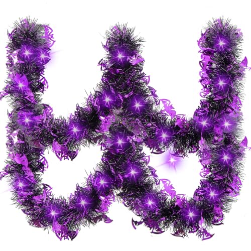 20FT Halloween Tinsel Garland with Purple LED Lights - Battery Operated
