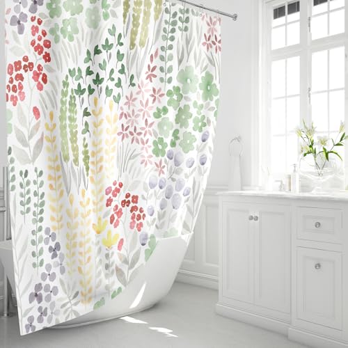 MAYZUS Sage Green Floral Shower Curtain, Boho Wildflower Fabric 60"x72"