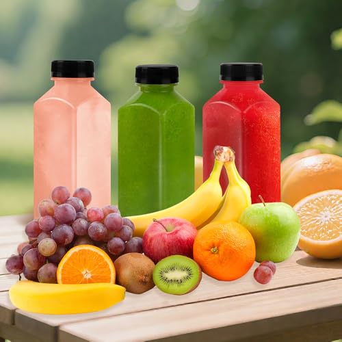 12oz Reusable Plastic Juice Bottles with Caps - Food Grade, Leak-Proof, 10 Pack