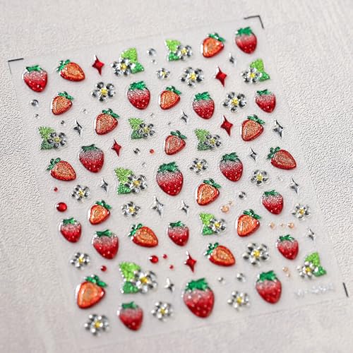 TailaiMei Embossed Strawberry Nail Stickers 5D Fruit Art Decals