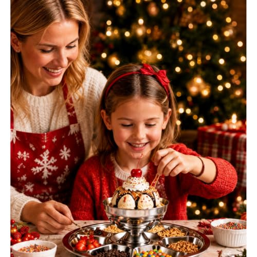 Stainless Steel Sundae Bowl & 4-Compartment Topping Tray Set for Movie Night