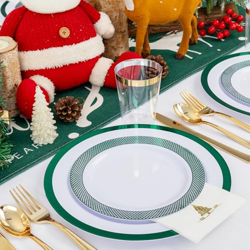 Ciaell 175PCS Christmas Plastic Party Plates Set - White & Green, Green Grid Variation