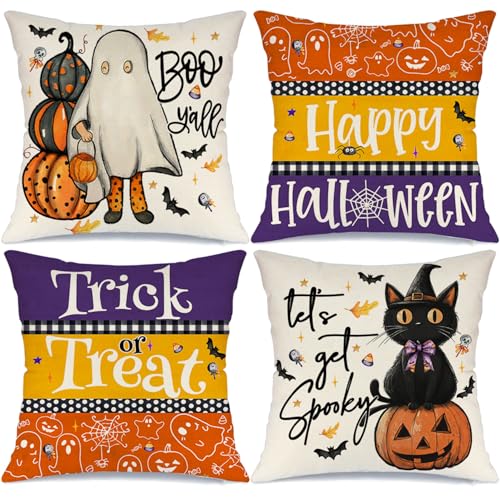 Modovos Halloween Throw Pillow Covers 18x18, Set of 4, Ghost & Pumpkin