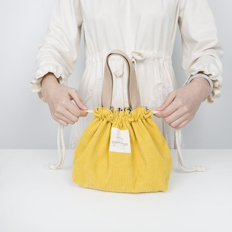 Green Portable Drawstring Corduroy Bento Lunch Bag - Insulated
