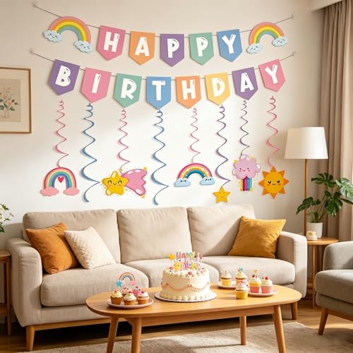 Pastel Rainbow Happy Birthday Banner with Hanging Swirls