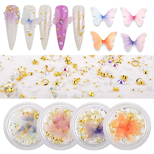 WEILUSI 4 Boxes Nail Art Rhinestones and Pearls Mix with Butterfly Charms