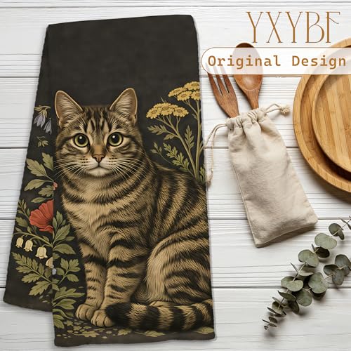 Vintage Floral Tabby Cat Kitchen Towels - 16x24 Inches, Artistic Design