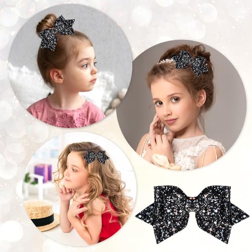 Styquenzer 2 Pcs Sparkly Sequin Hair Clips, 5 Inch Black Hair Bows