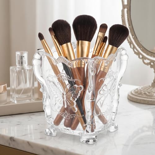 VALICLUD Acrylic Makeup Brush Holder, Transparent Butterfly Carved Cup