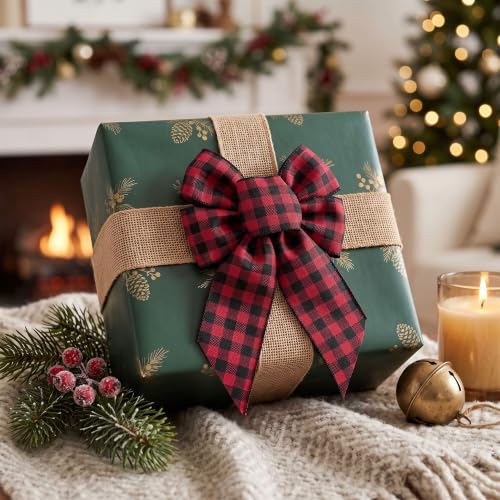 Christmas Wreath Bows 2 Pack - Red Black Buffalo Plaid Holiday Decor