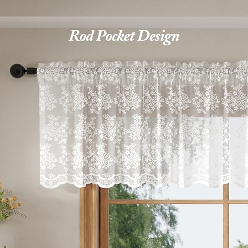 Rinwoc White Lace Semi-Sheer Valance Curtain 52" x 18" – Elegant Floral Tiers