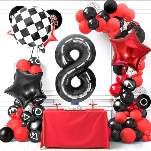 LEBERY Race Car Number 8 Balloon Set, 40-Inch Black Racetrack & Checkered Balloons