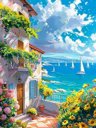 NebuIuxe 5D Diamond Painting Kit, Mediterranean Coastal Scene 12x16 Inch