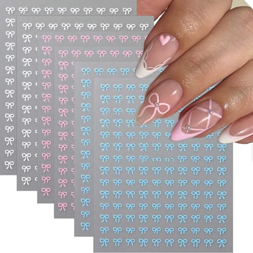 Valentine Bow Nail Art Stickers 3D Self Adhesive Pink White Blue Decals