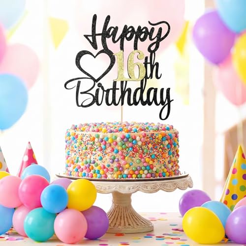 Black Glitter 16th Birthday Cake Topper - Happy 16th Decoration
