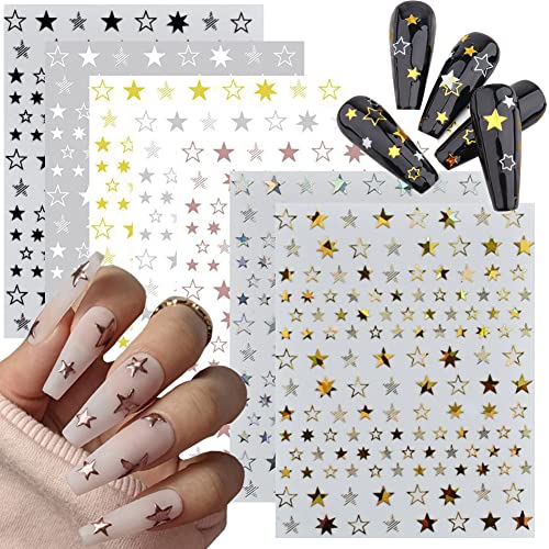 Star Nail Art Stickers 7 Sheets 3D Self-Adhesive Metallic Decals