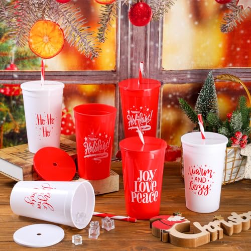 Christmas Tumbler Cups Bulk - 10 Pcs 34 oz with Lids & Straws, Holiday Drinkware - Variation of 10
