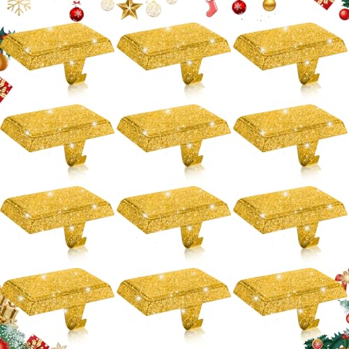 Gold Christmas Stocking Holders Set of 12 - Mantle Hooks for Holiday Decor