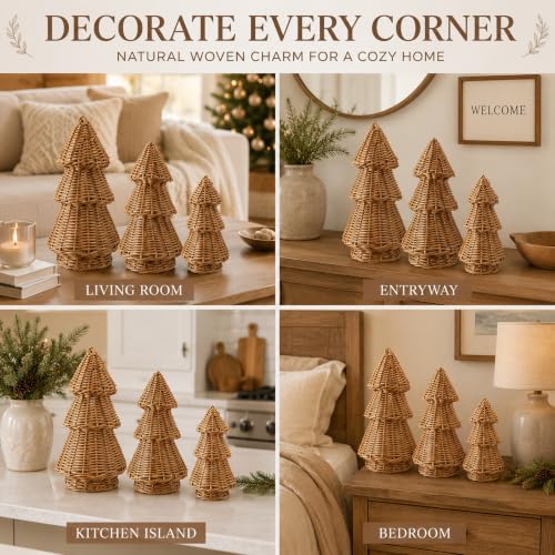 MiniInflat 3-Piece Woven Rattan Christmas Tree Decor Set Classic Weave Burlywood