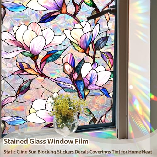 Rainbow Magnolia Stained Glass Window Privacy Film 17.5"x78.7"