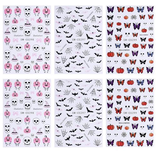 TailaiMei 6 Sheets Halloween Nail Stickers Pumpkin Bat Self-Adhesive Decals