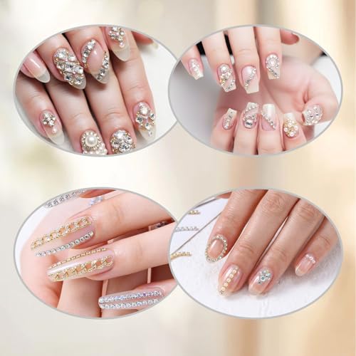 Macuezu Rhinestone Nail Chains Metal Pearl Charms for Manicure Art 6 Pcs