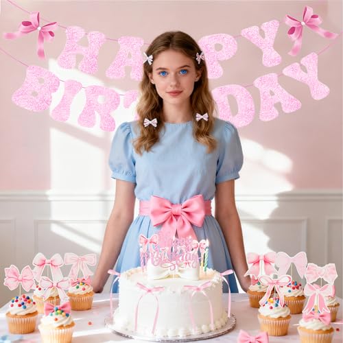Pink Bow Birthday Decorations Set - 20Pcs Cake & Cupcake Toppers