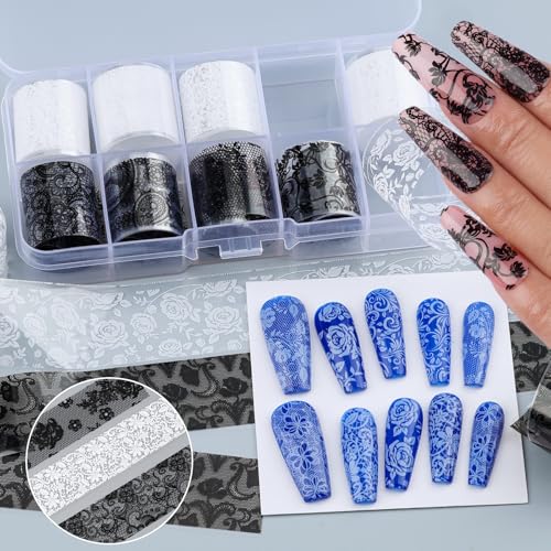 Kikonoke Lace Nail Foil Transfer Sheets - 10 Rolls Black & White Flower Decals