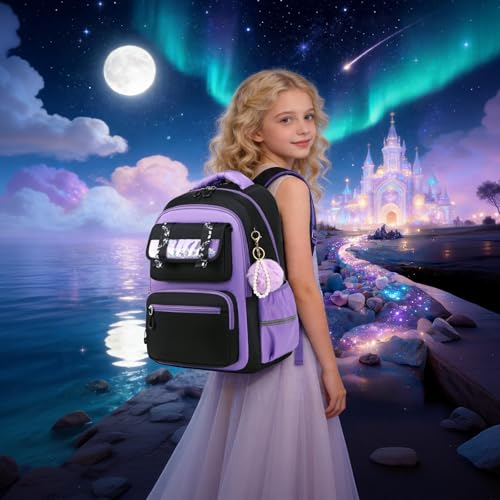 Kawaii Purple Backpack for Girls, Stylish School Bag Ages 6-15