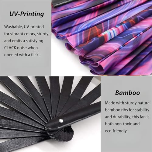 Large 25" UV Glow Rave Folding Hand Fan - Waves2 Design