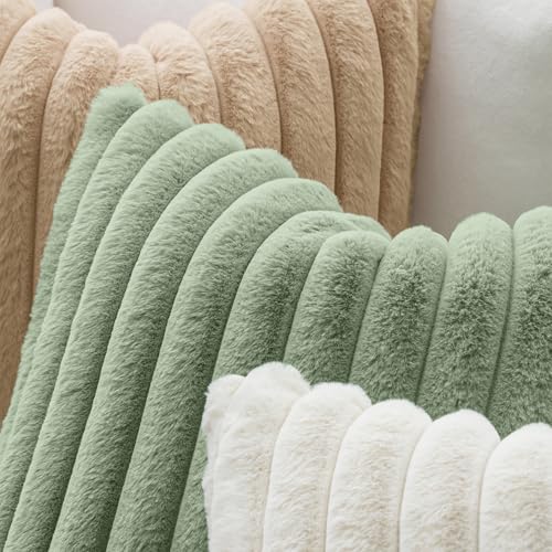 MIULEE Faux Fur Throw Pillow Covers 18x18 Sage Green, Set of 2