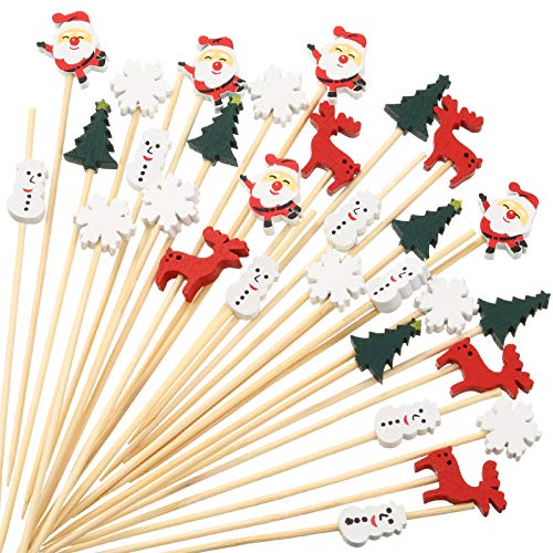 600 Pcs Christmas Bamboo Cocktail Picks for Appetizers & Fruit - Santa Snowflake Reindeer