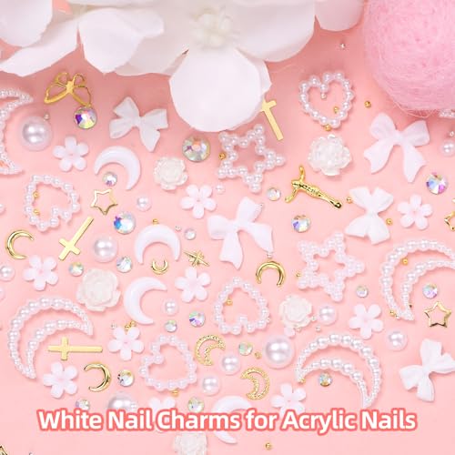 AnoleAir White Assorted Nail Charms Acrylic Bows Flowers Pearls and Gold Rivets