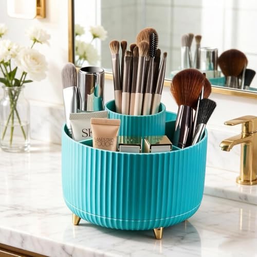 Y9A5N0K3O Blue Rotating Makeup Brush Holder with 5 Compartments