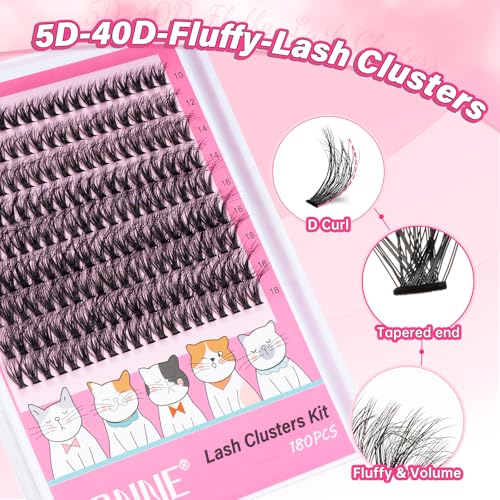 URNNE Fluffy 5D 40D Cluster Lash Extensions DIY Wispy D Curl Lashes 180pcs