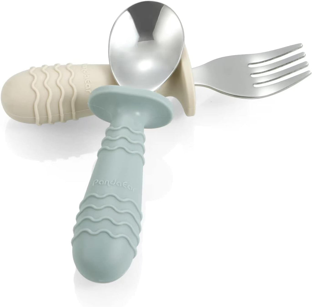 PandaEar Baby Toddler Utensils Set - 6-Piece BPA-Free Silicone & Stainless Steel Silverware | Blue, Pink, White