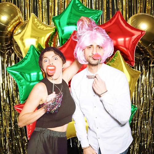 Red Green Gold Star Foil Balloons - 10PCS 18 Inch Metallic Party Balloons, Helium & Air, Xmas Birthday Decoration