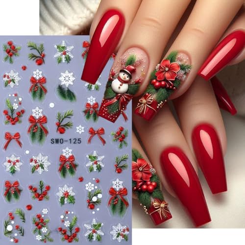 Christmas 3D Nail Art Stickers Decals - Winter Snowflake & Holly (3 Sheets)