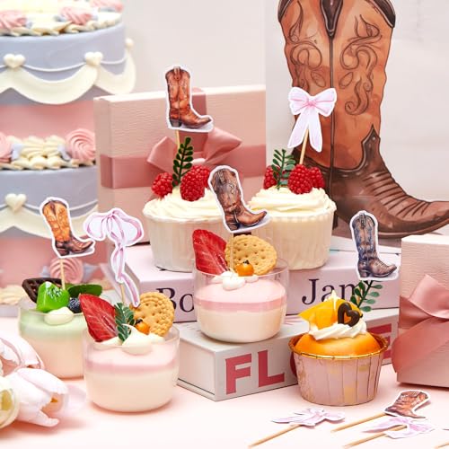 Kolldenn 36 Pcs Gender Reveal Cupcake Toppers - Boots & Bows
