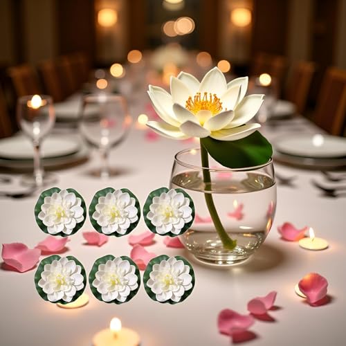 Set of 6 Large White Artificial Lotus Flowers with Lily Pads