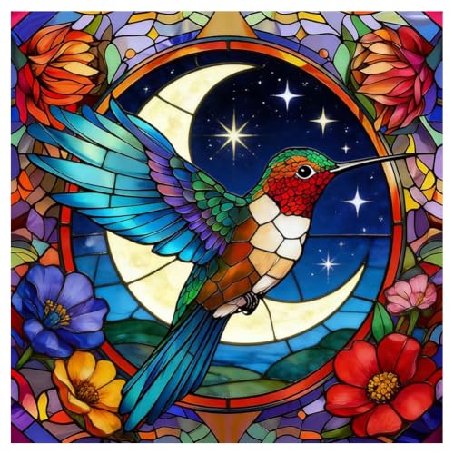 Hummingbird Diamond Art Painting Kit, 5D Full Drill Round Moon Flowers 12x12"
