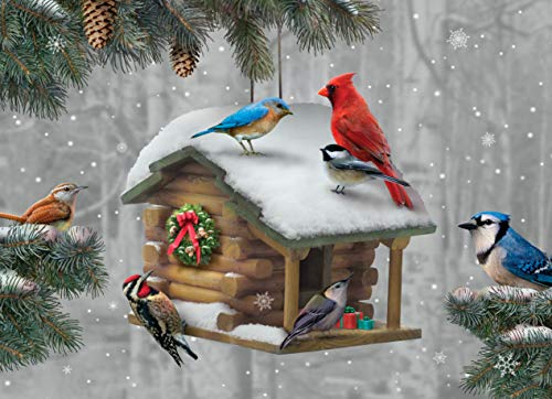 Christmas Birdhouse Greeting Cards - 18 Pack 7x5 Inch Wildlife Holiday Stationery