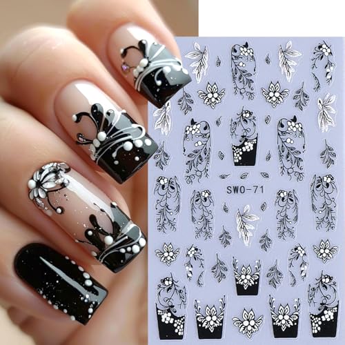 3D Embossed Floral Vine Nail Art Stickers - Retro Black White Pink Nail Decals