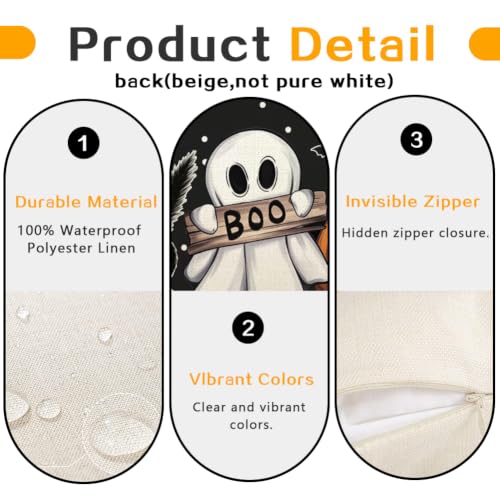 RABUSOFA Waterproof Halloween Ghost Lumbar Pillow Cover 12x20 Inch Black