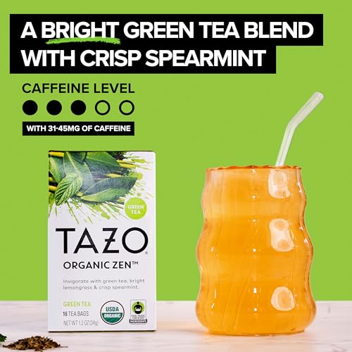 TAZO Organic Zen Green Tea Bags - Caffeine Free, 16 Count (Pack of 12)