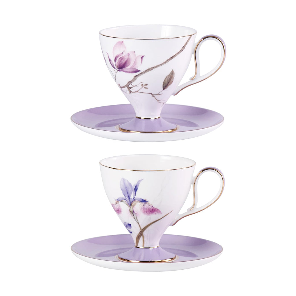 KAMMAK Ceramic Coffee Cups Saucers Set of 2, Porcelain Espresso Cups with Saucers, 8.12 oz Handcrafted Elegant Bone China Tea Cups, Purple Hibiscus & Iris Flower Pattern Teacup for Party, Office, Gift