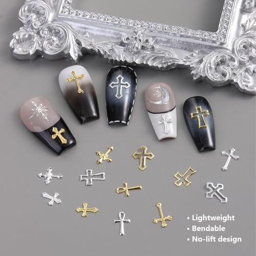 FSpronail 3D Metal Cross Nail Charms - Gold & Silver Y2K Art Accessories Set
