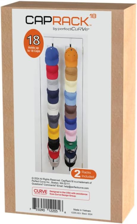 Perfect Curve CapRack - Over-The-Door Hat Organizer for 18-36 Baseball Caps | Black