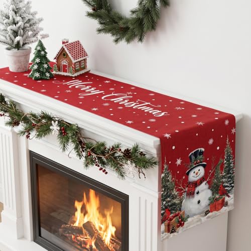 Artscope Snowman Christmas Table Runner 13x48 Inches - Red
