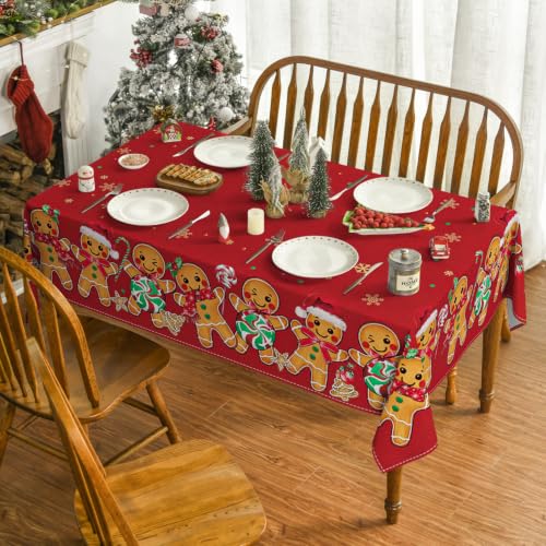 Christmas Tablecloth 60x140 Inch Rectangular Gingerbread & Stars Red Washable for Party & Dining